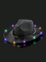 男女適用Y2K風格西部牛仔帽附LED燈，彩色條紋設計，寬邊帶捲邊，非常適合萬聖節派對，音樂節，舞蹈表演，兒童節，爵士音樂，狂歡式牛仔帽或牛女帽