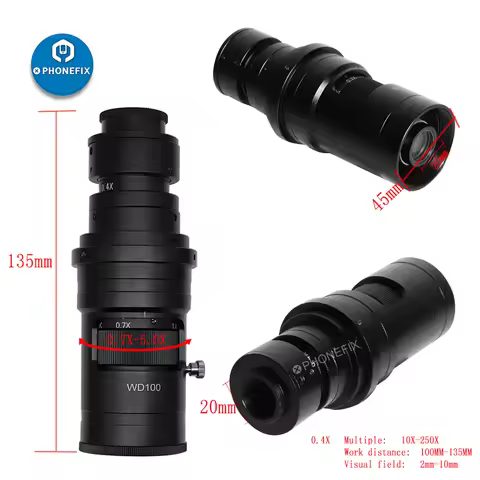 250X 200X 130X 0.1X-0.5X Adjustable Magnification Monocular Zoom C mount Lens For Industry HDMI VGA 