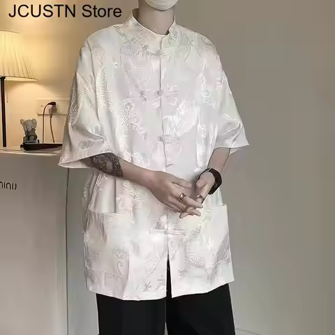 Chinese Style Tang Clothes Dragon Jacquard Tops Men Short Sleeve Streetwear Hip Hop Gothic T-Shirts 