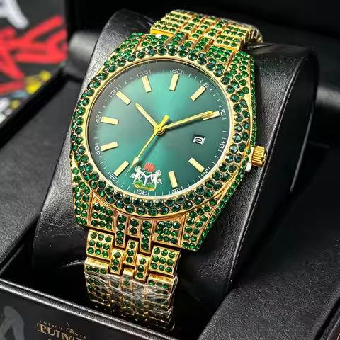 Hip Hop Ice Green Diamond Quartz Watch Men High Quality Bling Luxury Brand Steel Fashion Novelty Shi