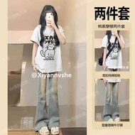 set baju dan seluar baju set seluar Summer New Style Top Short-Sleeved T-Shirt Slightly Jeans Two-Pi