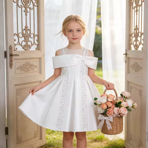 Girl's elegant white dress birthday party gift concert dress prom outfit