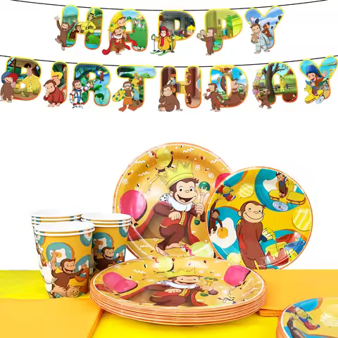 114 Pcs George Monkey Birthday Tableware-George Monkey Banner Plates Tablecloth Cup Etc George Monke