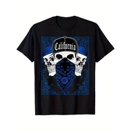 California Blue Bandana T-Shirt with a Skull Gangster Design
