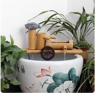 【哆啦嚴選】竹子流水擺件 樹脂石磨 石槽魚缸造景 風水輪水車循環流水過濾器