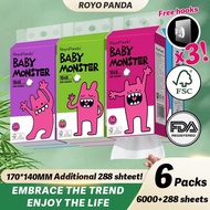 6288 Sheets RoyoPanda Baby Monster Hanging Tissue, 6 Packs, 4 Ply Soft & Skin-Friendly, Kitchen & Ba
