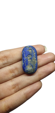 หินลาพิสลาซูลี่ หินแท้ธรรมชาติ หินโบราณ หินแกะสลัก อียิปต์ Rare Natural Antique Old Lapis Lazuli Seal Intaglio Egyptian Thoth God Engraved Signet Stamp Historical Carved Cabochon Collectible Bead