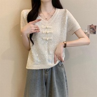 Womens Knitted T-shirt 2024 Summer New V-neck Slim Fashion Loose Casual Buckle Top