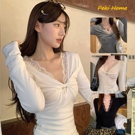 Women's Long-Sleeved T-Shirt Lace Pattern V-Neck French Style V Neck T Shirt Women