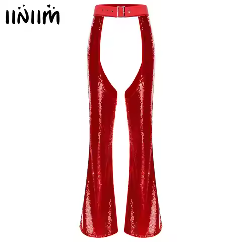 Womens Halloween Crotchless Pants Glitter Sequin Cowgirl Chaps Adjustable Waist Crotch Hollow Out Fu