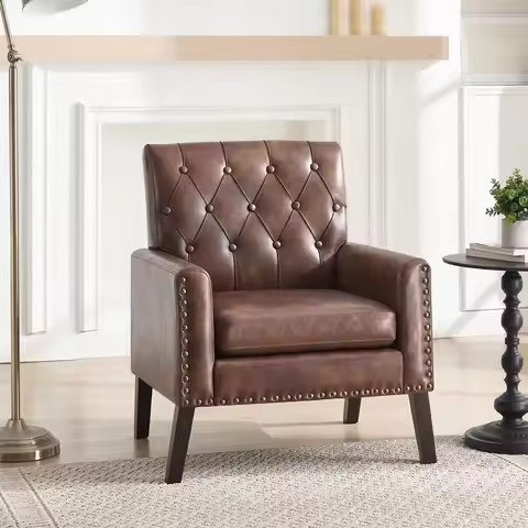 Century Modern Accent Chair, Dark Brown Faux Leather Office Chair for Reception Tufted Leather Club 