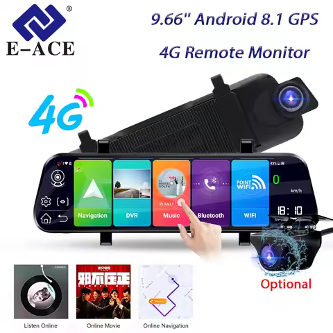 E-ACE 9.66'' 4G Remote Monitor GPS ADAS DashCam With SIM Slot For WiFi Hotspot Mirror Bluetooth Phon