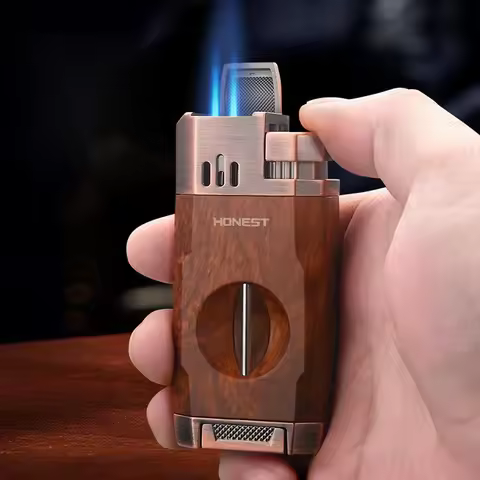 Honest Cigar Lighter With V Cut Cigar Holder Stand Double Jet Flame Torch Lighter Butane Refillable 