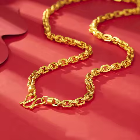 Luxurious and domineering 24K real gold men's square interlocking necklace au9999 gold design Chopin