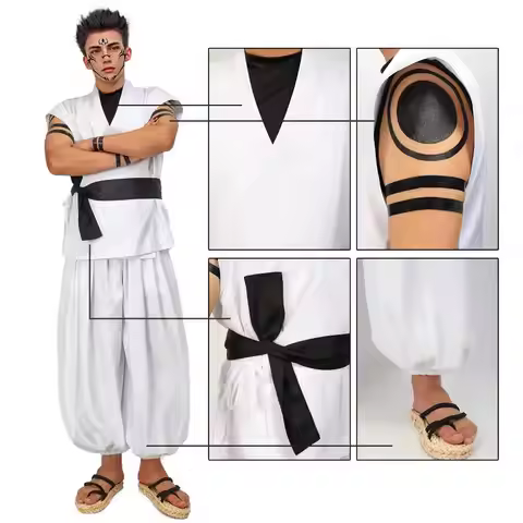WENAM Men's US Size Ryomen Sukuna Cosplay Costume White Kung Fu Suit with Tattoo Stickers for Hallow