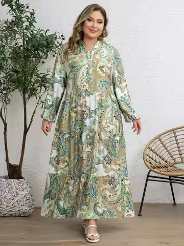 Plus Size Women's Paisley Print Long Sleeve Dress Boho Style Loose Comfortable Daily Wear Dress