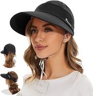 Sun Hats for Women UV Protection Wide Brim 2 in 1 Zip-Off Visor Summer Beach Hat Womens Packable Golf Hat Black