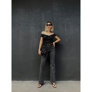 Aevelyn Jeans กางเกงยีนส์รุ่น Bowky Dark Gray Flare High Rise Jeans Premium Japanese Denim