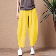 【มีไซส์ใหญ่】Plus Size M-4XL Womens Haren Cotton&amp;Linen Spring Summer Pants Elastic Waist Solid Color Vintage 9/10 Trousers