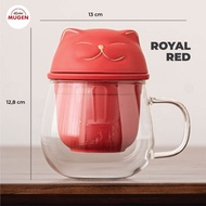 tea infuser glass cup/gelas teh kaca keramik/cat mug aesthetic 320ml - merah
