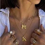 2pcs/Set Women's Gold Stainless Steel Layered Necklace Dainty Bowknot & A-Z Initial Pendant Gold Cha