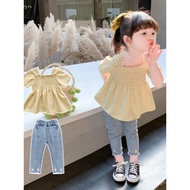 Girls Jeans Suit Summer 2 Fashionable 3 Baby Girl 4 Korean Version 5 Plaid 6 Fashionable 7 Years Old