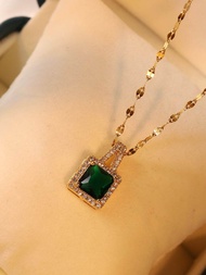 Kalung Titanium Rantai Gold Wanita Liontin Delima Merah dan Hijau Kotak