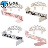 WON 2Pcs/Set Birthday Party Crown Sash, Glitter Gold Birthday Tiara,  Bling Rhinestone Silver Crysta