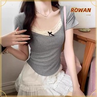 ROWANS Lace Short Sleeve T-shirt, Lace Korean Style Design Style Cropped Top, Fashion Bow Plain Low Cut Cropped Top Women