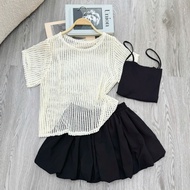 [MIX SET] Bigsize Women's Short-Sleeved Mesh T-shirt, Slim T-shirt, Secret Skirt (with protection) -