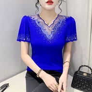 เซ็กซี่ คอวี ลูกไม้ เสื้อยืดผู้หญิงแขนสั้นยุโรป ดีไซน์ Sensual รวบรวม Upper Body Heavy Embellished D