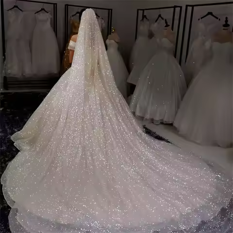 Luxury Cathedral Wedding Veil Bling Bling Bridal Veils Soft Single Tier Bridel Veil with Comb Glitte