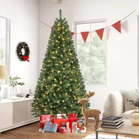 5 to 10ft Artificial Christmas Tree , Snow Flocked Full Prelighted Xmas Tree with 2084 Branch Tips,
