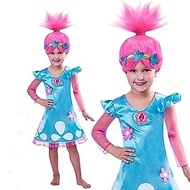 Trolls Poppy Pink Wig Costume Kids Girls Halloween Cosplay Dress Birthday Party Outfit