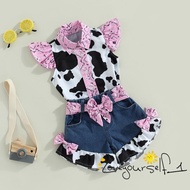 B930G-Kids Girl Summer Outfits Cow Print Turn-Down Collar Fly Sleeve Tops Bow Denim Shorts with Belt