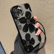 Floral Black Precise Hollow Painted Design With Wrist Strap Fashion Creative Shockproof Phone Case, 