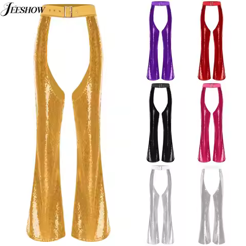Womens Shiny Sequins Disco Dance Pants Cowgirl Cosplay Costume Sparkly Chaps Bell Bottoms Flared Leg