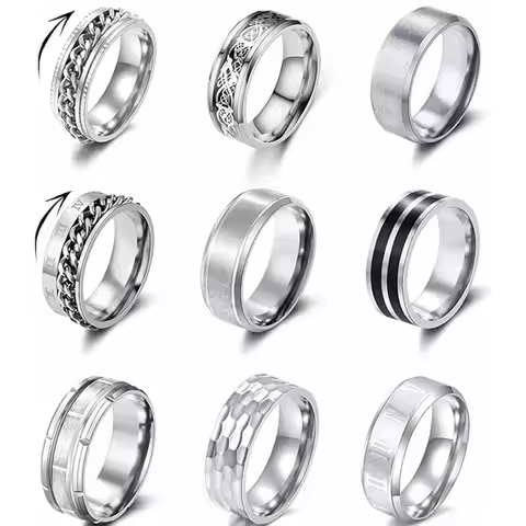 9-Piece Stainless Steel Ring Set for Men and Women to Relieve Stress and Anxiety, Rotating Ring, Wed