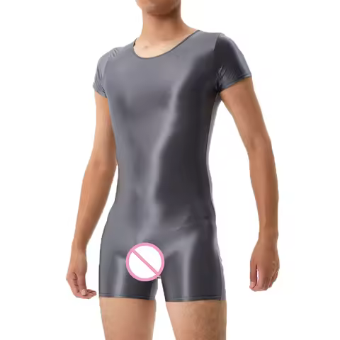 Men Undershirts Bodysuits Exotic Open Crotch Gay Jumpsuits Boxers Glossy Sissy Seamless Shorts Sleev