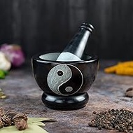 Crocon Black Marble Mortar and Pestle Set with Yin Yang Symbol Hand Grinder Set for Herbs Spices Pastes Pesto Natural Handmade Crusher Stone 4 Inch for Kitchen Essential Best Gift