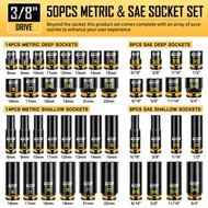 boen 3/8'' Drive Impact Socket Set, 50PCS Standard SAE (5/16 to 3/4 inch) and Metric (8mm-22mm), Dee
