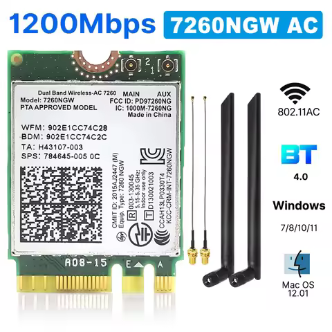 7260AC Bluetooth4.0 WiFi 1200Mbps Wireless Network Card NGFF M.2 Wifi Dongle 802.11AC Dual Band 2.4G