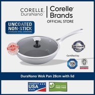 CORELLE DuraNano 28cm Wok Pan with Lid - Uncoated Non-Stick Stainless Steel Cookware (10 Years Warra