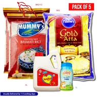 Mummy's Gold Basmati Rice 5KGX2, Pillsbury Gold Atta 5kg, Sundrop SuperLite Advanced Refined Sunflower Oil 2L, GRB Ghee 1L (Extra long grain, Grains double in size, 100% Pure Vegetable Oil, Reduce cholesterol, Wheat Flour) (PACK OF 5)