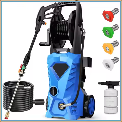 5000PSI Electric Pressure Washer with 33ft Hose Reel, Foam Cannon, 4 Nozzles, Blue