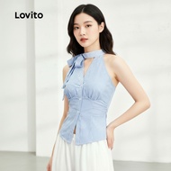 Lovito Casual Blue Top for Women with Lace Up and Pleated Design for Spring/Summer LK2AD462