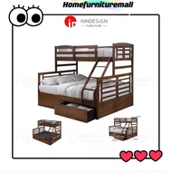 Solid Rubber Wooden Queen and Single Size Bunk Bed With 2 Drawers / Double Deck bed / Double Decker Bed