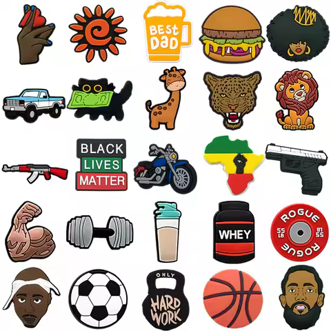 1/25PCS Hip Hop & Fitness Theme Shoe Charms Set DIY Decorative Pins Lion Dumbbell Clogs Accessories