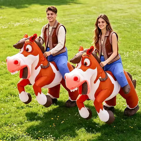 Inflatable Horse Costume Adult Ride on Cowboy Cowgirl Costume Funny Air Blow Up Riding Suit Hallowee
