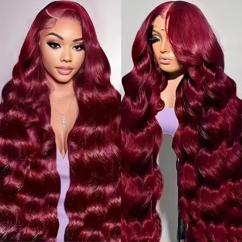 46 Inches 13x6 HD Transparent Lace Front Wig 99J Red Colored Burgundy Body Wave Hudy Wave Human Hair